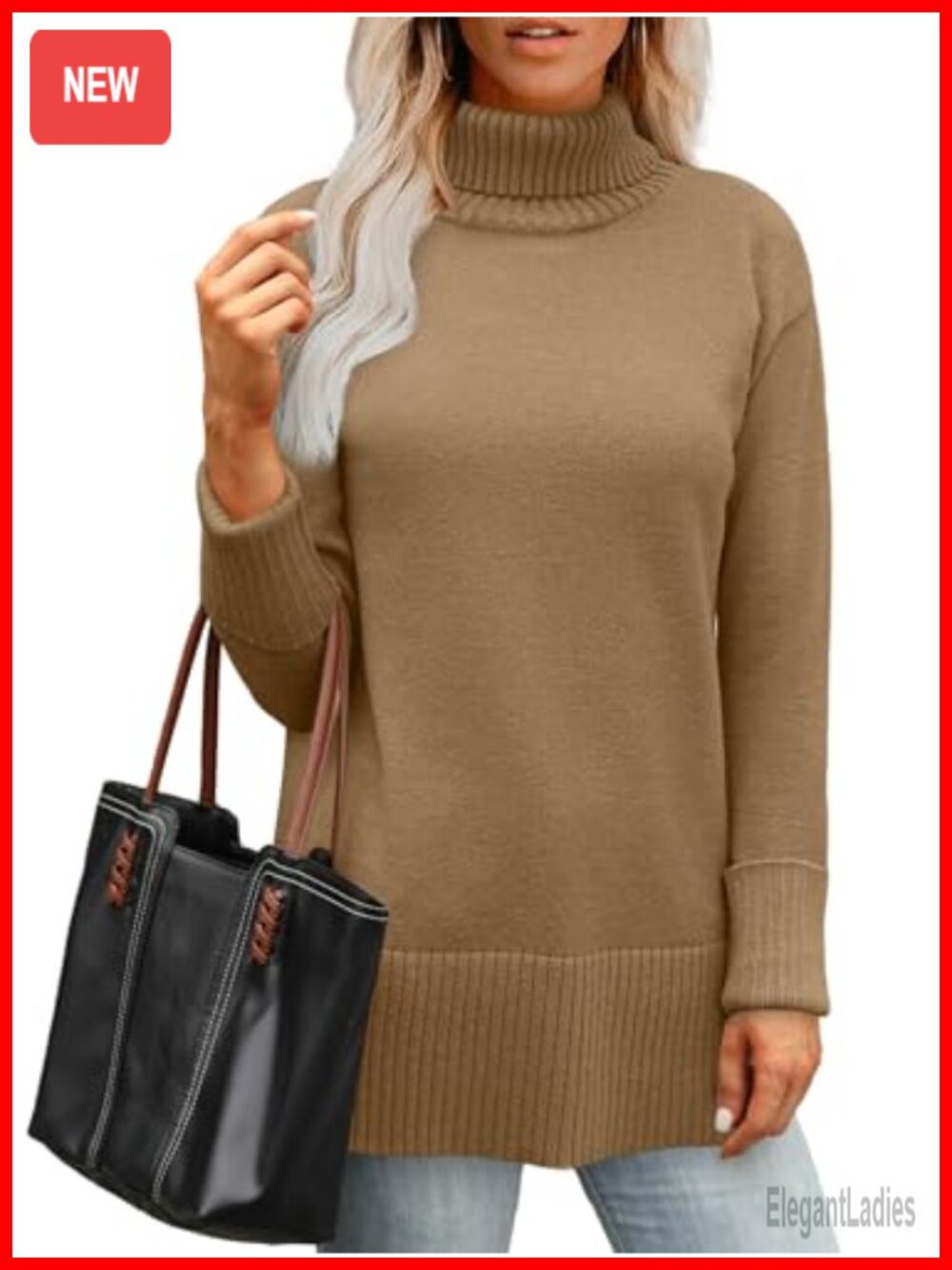 Turtleneck Side Split Oversized Pullover Sweater Tunic